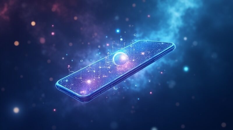 Przezroczysty smartfon w kosmicznej mgławicy, interfejs sieci neuronowej w błękitach i fioletach.
