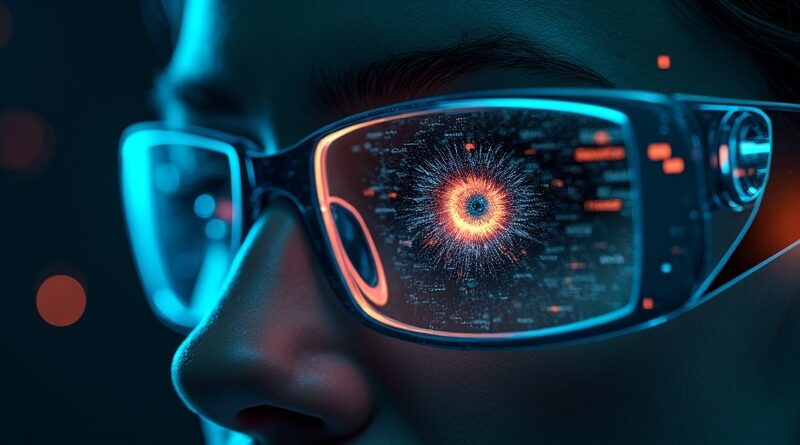 Smart glasses z pojedynczym świecącym okiem, otoczone cyfrowymi strumieniami danych i biometrycznymi wzorami.