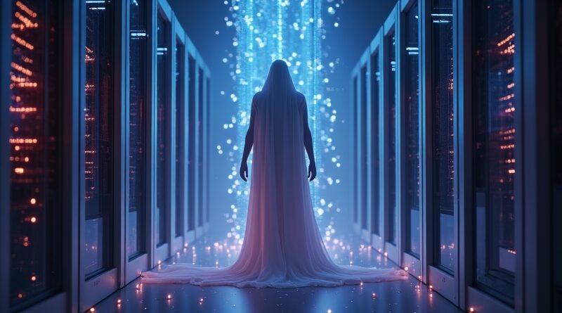 Eteryczny strażnik AI przed świecącym serwerem Linux VPS, strumienie danych w ciemnym centrum danych.