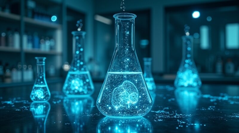 Lśniąca kolba z cyfrowymi cząsteczkami, holograficzne formuły, głębokie indygo i turkus.