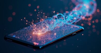 Unoszący się smartfon z edytorem AI, węzły społeczności i wstęga GIF-ów w odcieniach indygo i różowego złota.