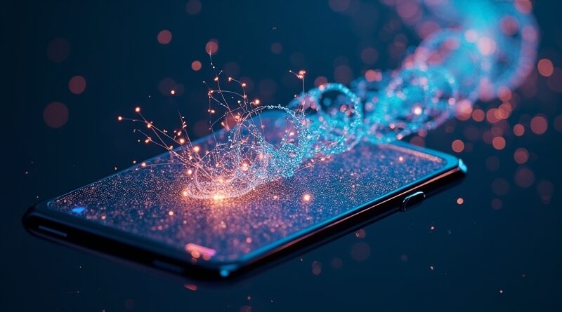 Unoszący się smartfon z edytorem AI, węzły społeczności i wstęga GIF-ów w odcieniach indygo i różowego złota.