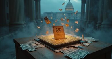 Procesor zmieniający się w urnę, otoczony dolarami, kodem binarnym i Kapitolem.