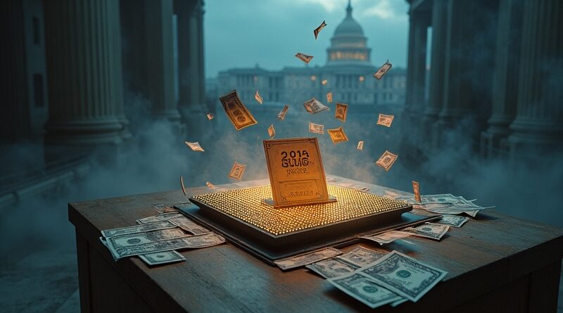 Procesor zmieniający się w urnę, otoczony dolarami, kodem binarnym i Kapitolem.