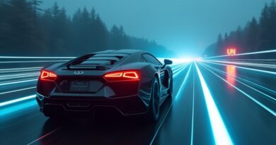 Czarny sportowy samochód pędzi po cyfrowej autostradzie, niebieskie smugi AI, logo ONZ jako znak, neonowe światła.