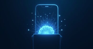 Cyfrowy iPhone z binarnymi niciami +1 i -1 tworzącymi neuronową chmurę w kieszeni.