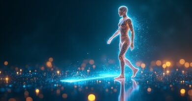 Humanoid z strumieni danych kroczy naprzód, w tle przyćmiony procesor.