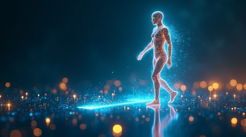 Humanoid z strumieni danych kroczy naprzód, w tle przyćmiony procesor.