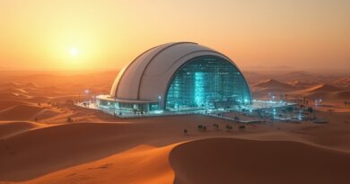 Futurystyczne centrum AI na pustyni o zmierzchu, arabska architektura z holograficznymi strumieniami danych.
