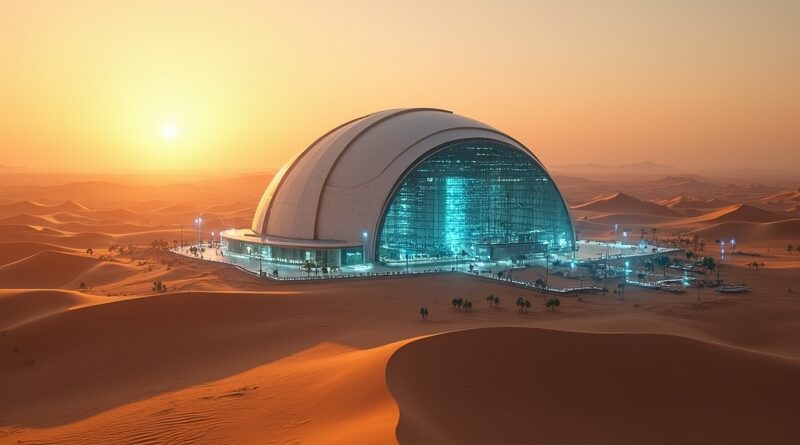 Futurystyczne centrum AI na pustyni o zmierzchu, arabska architektura z holograficznymi strumieniami danych.