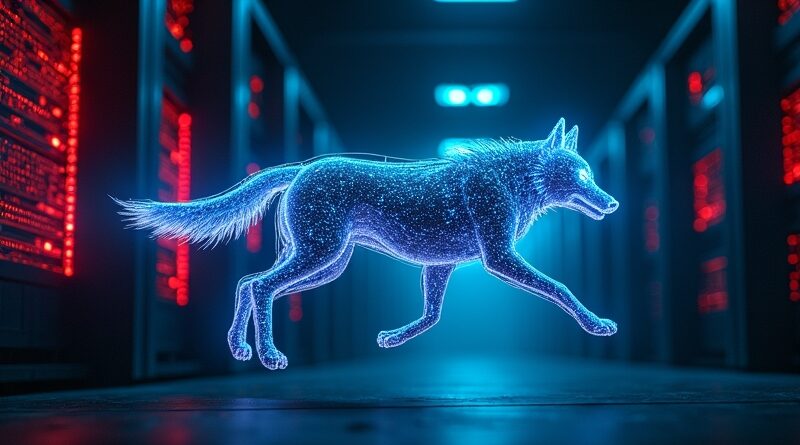 Pęknięta cyfrowa smycz, uwalniająca wilka z niebieskich obwodów w mrocznej serwerowni, neonowy cyan i karmazyn.