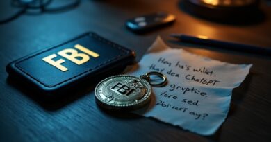 Plakietka FBI i portfel Trezor na ciemnym stole, obok kartka z frazą seed, neon ChatGPT w tle.