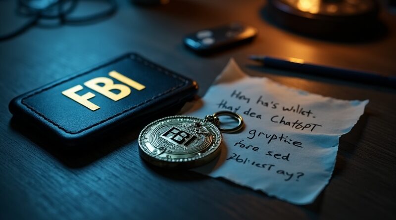 Plakietka FBI i portfel Trezor na ciemnym stole, obok kartka z frazą seed, neon ChatGPT w tle.