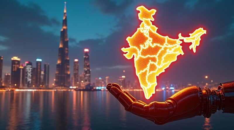 Dubajska panorama, holograficzna mapa Indii i robotyczna dłoń w neonowych barwach.