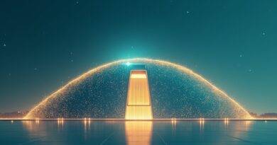 Futuristic Ajman government building with glowing blue and gold AI data streams.