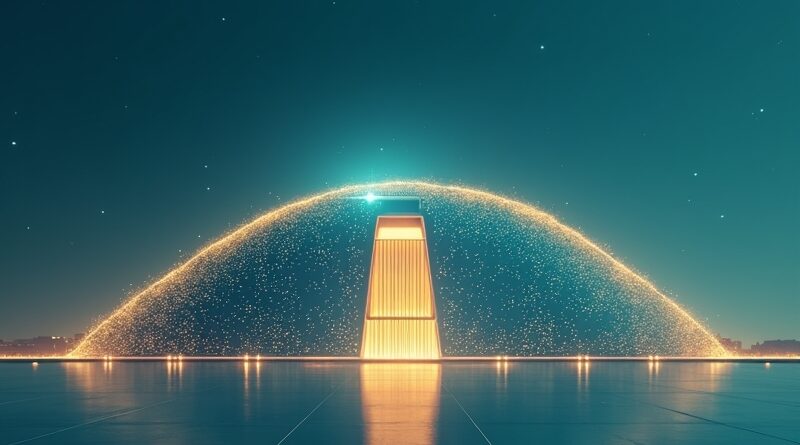 Futuristic Ajman government building with glowing blue and gold AI data streams.