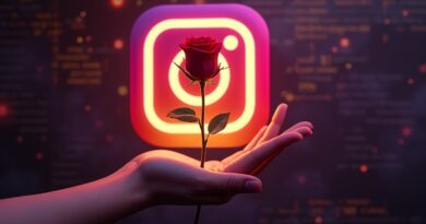 Surrealna dłoń wyłania się z logo Instagrama, trzymając różę wśród kodu i światła.