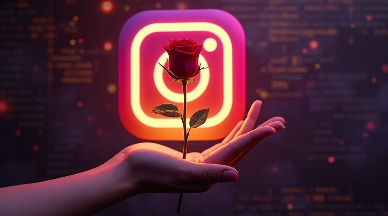 Surrealna dłoń wyłania się z logo Instagrama, trzymając różę wśród kodu i światła.