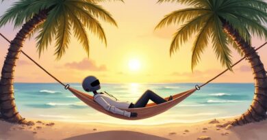 Gliniany robot w lnianej koszuli leży w hamaku między palmami na plaży o zachodzie słońca.