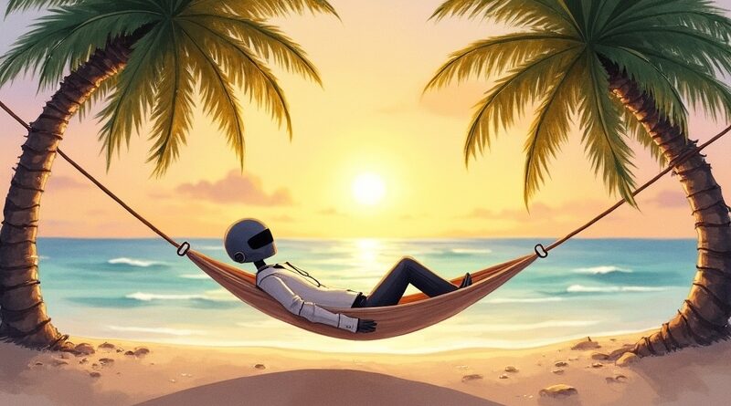 Gliniany robot w lnianej koszuli leży w hamaku między palmami na plaży o zachodzie słońca.
