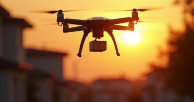 Dron Amazon Prime Air nad podmiejskim domem o zachodzie słońca, dostarcza paczkę.