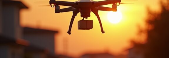 Dron Amazon Prime Air nad podmiejskim domem o zachodzie słońca, dostarcza paczkę.