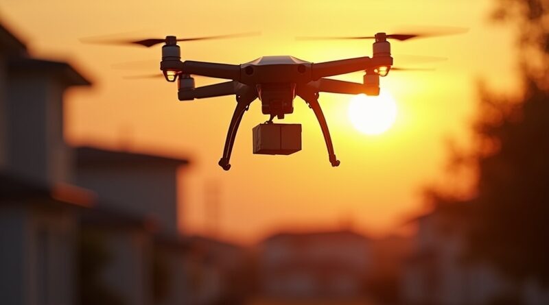 Dron Amazon Prime Air nad podmiejskim domem o zachodzie słońca, dostarcza paczkę.