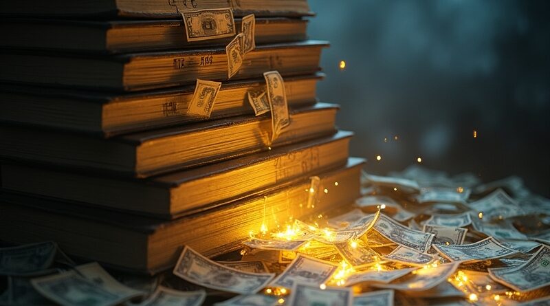 Stos książek rozmywa się w kaskadę dolarów, błękitny symbol Claude w mroku.