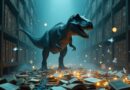 T-Rex nad taśmą, książki cięte, strony jak ptaki, niebieskie dane wirują.