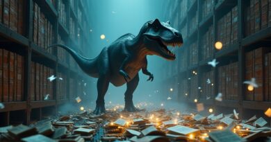 T-Rex nad taśmą, książki cięte, strony jak ptaki, niebieskie dane wirują.
