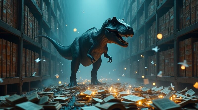 T-Rex nad taśmą, książki cięte, strony jak ptaki, niebieskie dane wirują.