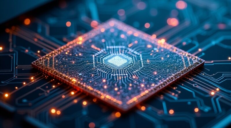 Błyszczący krzemowy wafer z wzorem sieci neuronowej, złote i niebieskie obwody, fotorealistyczny, technologiczny.