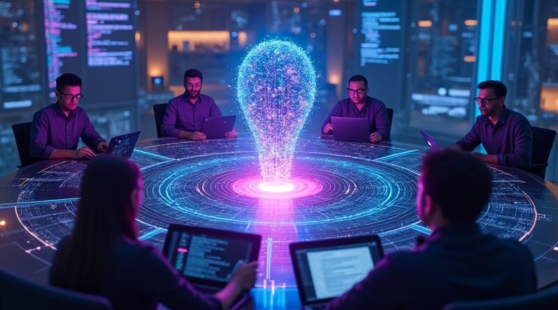 Cyfrowe biuro z AI, programiści przy kodzie, neonowy UI, futurystyczna współpraca.