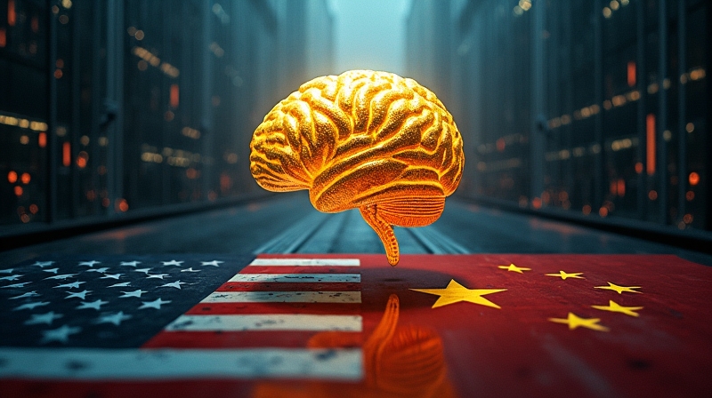 Złoty mózg AI, giełda Wall Street, cienie flag USA i Chin, atmosfera napięcia.