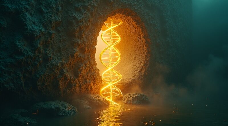 Lśniąca podwójna helisa DNA rozbijająca antyczny zamek w złocistym świetle.