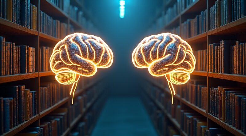 Surrealistyczna biblioteka, cyfrowe mózgi, strumienie światła, głęboki indygo i złoto.