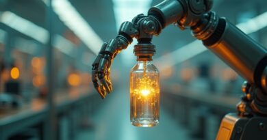 Robotyczne ramię i szklana fiolka połączone złotymi nićmi światła w futurystycznej fabryce.