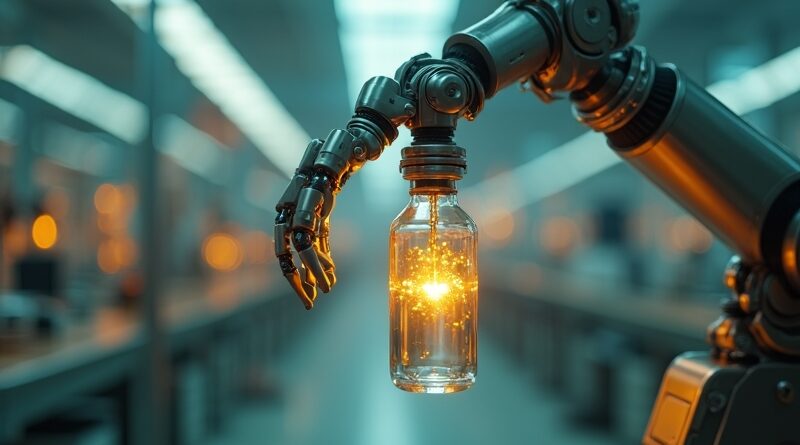 Robotyczne ramię i szklana fiolka połączone złotymi nićmi światła w futurystycznej fabryce.