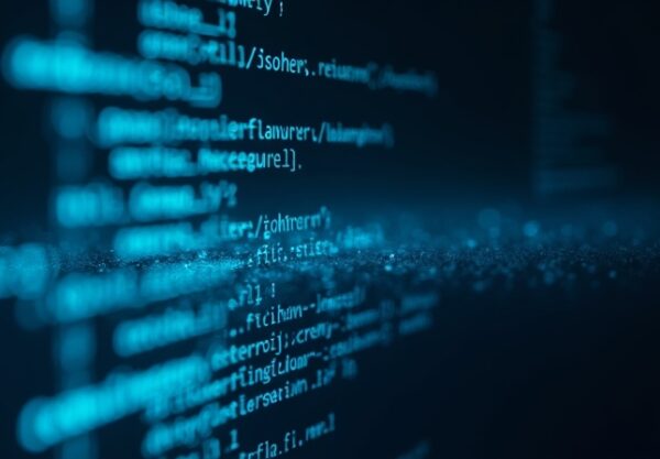 Neonowy terminal z kodem w stylu Figma, cyberpunk, granat i cyjan.