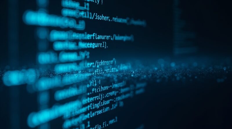 Neonowy terminal z kodem w stylu Figma, cyberpunk, granat i cyjan.