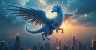Świetlista chimera kodu nad cyberbezpiecznym miastem.