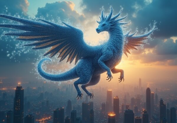 Świetlista chimera kodu nad cyberbezpiecznym miastem.