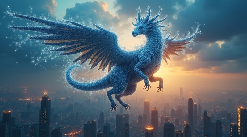 Świetlista chimera kodu nad cyberbezpiecznym miastem.