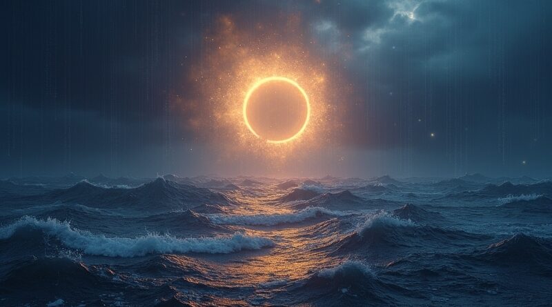 Nad ciemnym, burzowym oceanem unosi się złota, cybernetyczna aureola Astra.