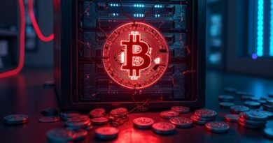Pęknięty neonowy emblem Bitcoina na serwerze, cyfrowe monety wpadające w otchłań.