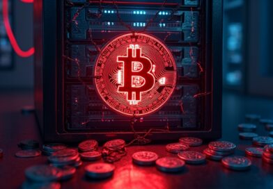 Pęknięty neonowy emblem Bitcoina na serwerze, cyfrowe monety wpadające w otchłań.