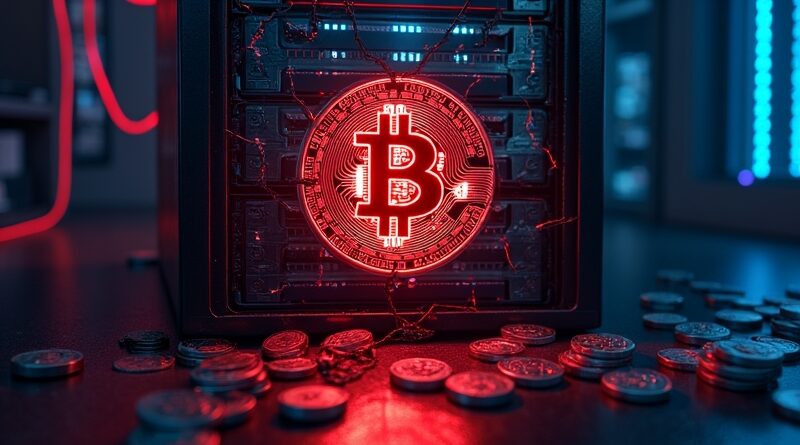 Pęknięty neonowy emblem Bitcoina na serwerze, cyfrowe monety wpadające w otchłań.