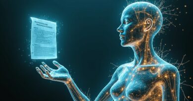 Szklany humanoid sięga po polisę ubezpieczeniową trawioną przez cyfrowe pnącza.