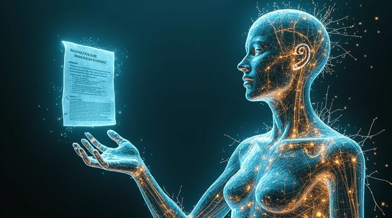 Szklany humanoid sięga po polisę ubezpieczeniową trawioną przez cyfrowe pnącza.