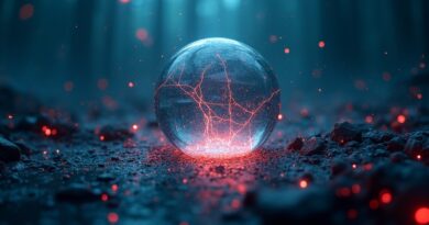 Pęknięta bańka AI z cybernetycznymi mackami nad cyfrową otchłanią finansową.